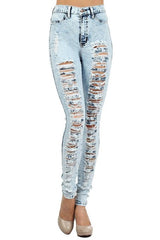 Juniors Sexy High Waist Acid Wash distress Denim Long Denim Pants by Vibrant