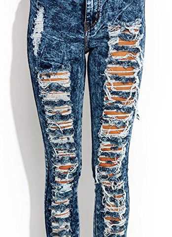 Juniors Sexy High Waist Acid Wash distress Denim Long Denim Pants by Vibrant