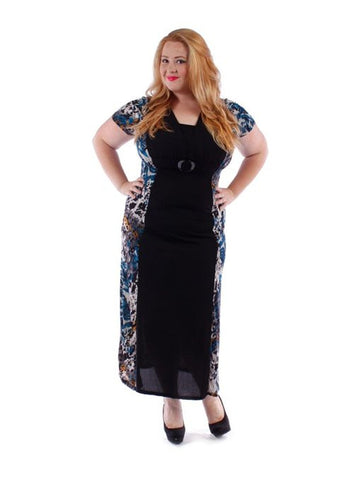 Fall Essentials Plus Size Short Sleeve Print Paneled Maxi Dress With Belt