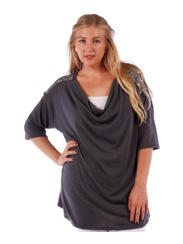 Fall Essentials Plus Size Embellished Shoulder Draped Neck Boxy Top (1X-6X)