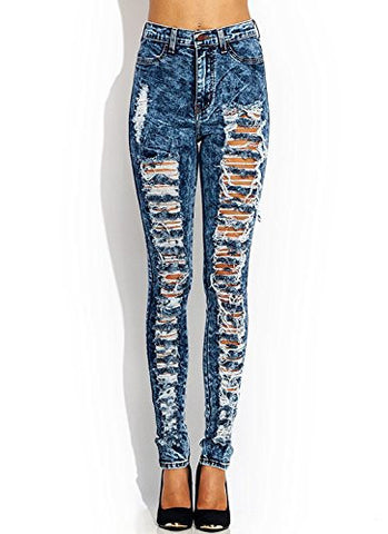 Juniors Sexy High Waist Acid Wash distress Denim Long Denim Pants by Vibrant