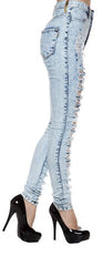 Juniors Sexy High Waist Acid Wash distress Denim Long Denim Pants by Vibrant