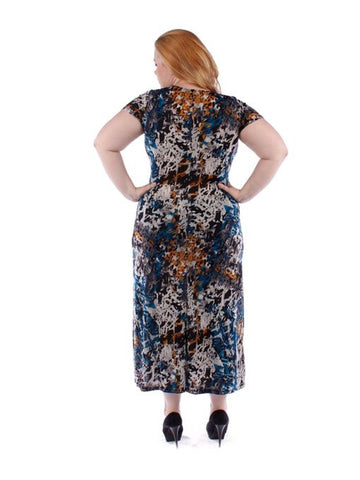 Fall Essentials Plus Size Short Sleeve Print Paneled Maxi Dress With Belt