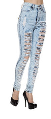 Juniors Sexy High Waist Acid Wash distress Denim Long Denim Pants by Vibrant