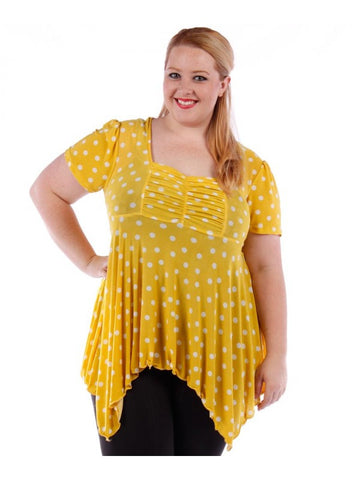 Fall Essentials Plus Size Draped Yellow Dot Blouse With Ornate Gatherings (1X-6X)