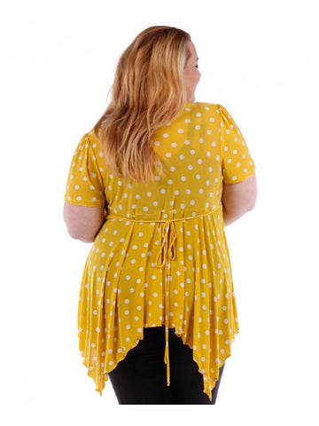 Fall Essentials Plus Size Draped Yellow Dot Blouse With Ornate Gatherings (1X-6X)