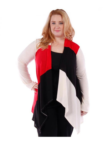 Fall Essentials Plus Size Open Front Color Block Waterfall Cardigan (1X-3X)