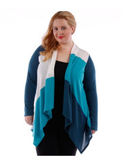 Fall Essentials Plus Size Open Front Color Block Waterfall Cardigan (1X-3X)